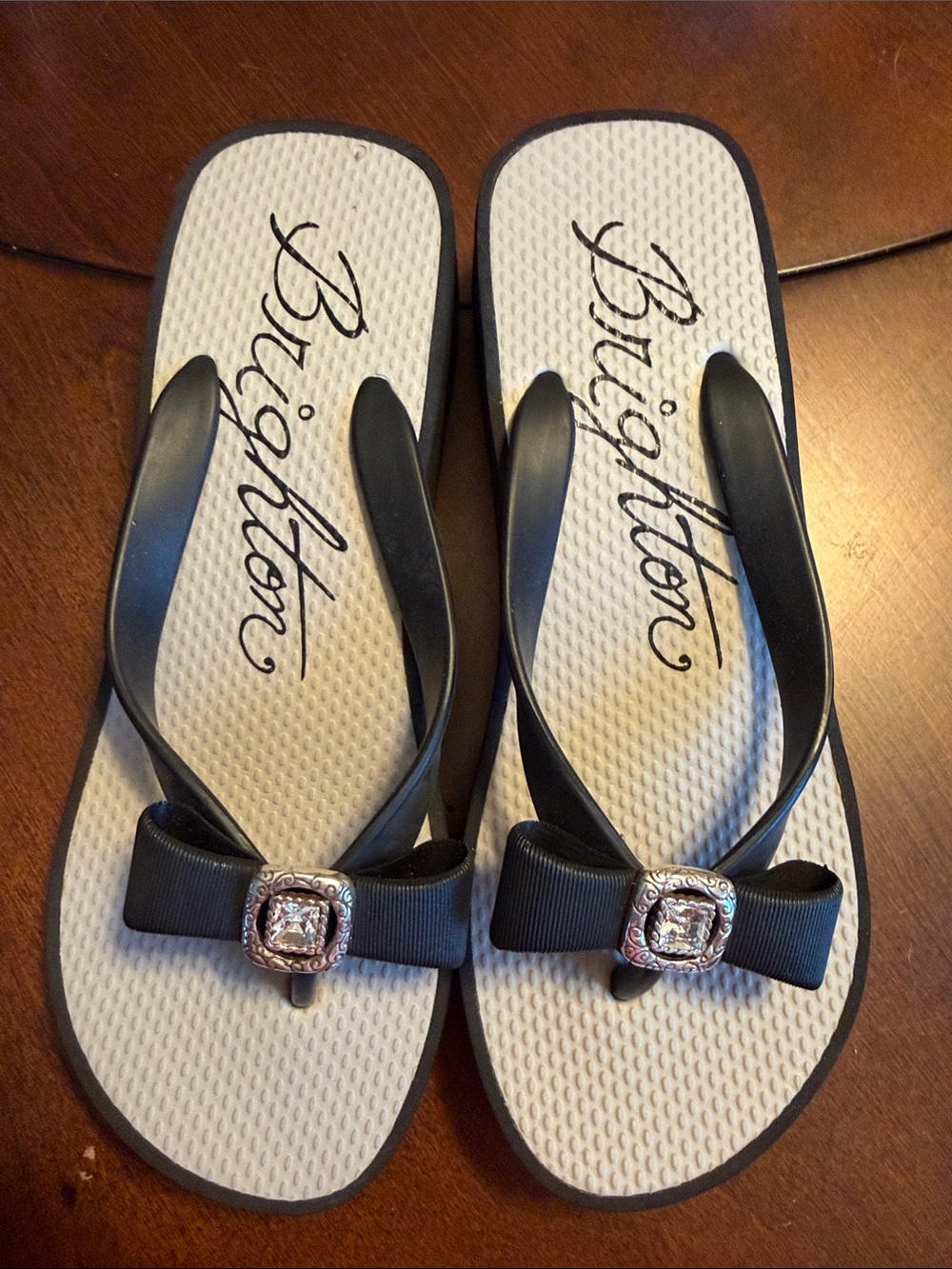 Brighton Black Ribbon Bow Flip Flop Sandals with Jewel Buckle